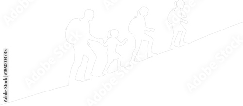 Continuous line drawing vector illustration of a family of four hikers climbing uphill with backpacks