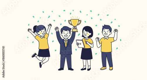 Illustration of four people celebrating with a trophy in a colorful, animated style against a light background.
