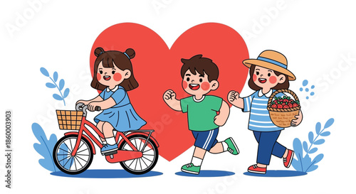 Three happy children walking and riding bicycle with heart background in playful scene.