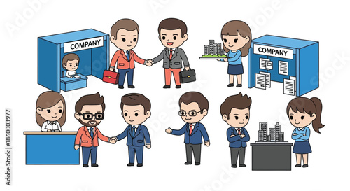 Illustration of a diverse group of business professionals interacting and shaking hands in a corporate setting with booths and a clean white background.