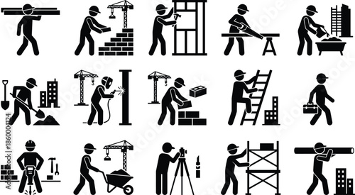 Construction worker silhouette icon set showing building tasks tools cranes teamwork activities isolated on white background industrial vector illustration