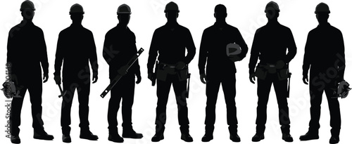 Construction worker silhouette lineup showing professional builders with safety helmets tools standing isolated on white background industrial workforce vector