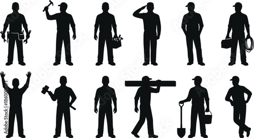 Construction worker silhouette icon set showing builders with tools hammer drill shovel poses isolated on white background vector illustration
