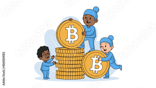 Three diverse children in blue outfits collaboratively stacking large golden Bitcoin coins, symbolizing digital currency growth and investment.