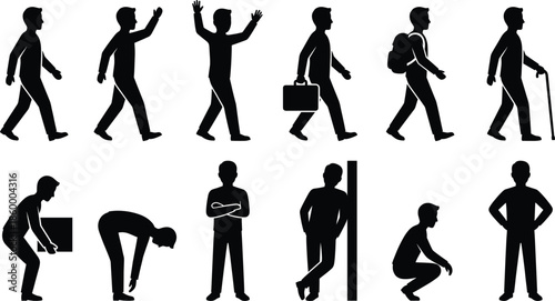 Human walking silhouette set showing daily life actions travel work aging gestures isolated on white background vector illustration