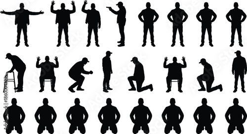 Male silhouette pose set showing standing sitting kneeling surrender gestures isolated on white background human action vector illustration