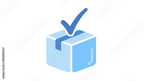 Simple conceptual graphic icon of a light blue shipping box with a blue checkmark indicating completion of delivery or success