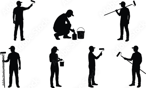 Painter worker silhouette set showing painting tools roller bucket professional maintenance actions isolated on white background vector illustration