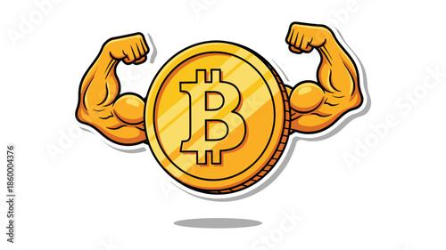A powerful golden Bitcoin coin with strong muscular arms symbolizes the robust and growing strength of cryptocurrency.