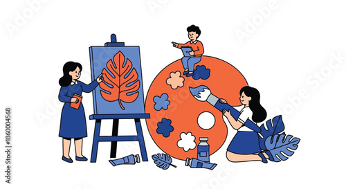 Illustration of three children engaging in creative activities with a large orange palette and an easel on a white background with blue and orange hues.