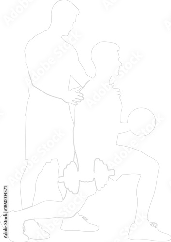Personal Trainer Assisting Man with Lunge and Weights Minimalist Outline Drawing Fitness Workout Coaching Guidance