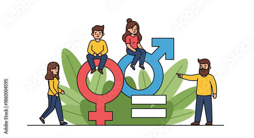 Illustration of four people interacting with large gender symbols on a green background with a white space