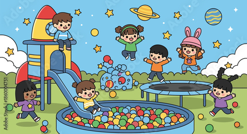 Children playing on a colorful playground with a ball pit and trampoline on a sunny day with a whimsical and joyful mood.
