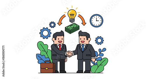 Two businessmen in suits shaking hands with a briefcase, money, lightbulb, clock and gear icons floating above them on a white background with a professional and innovative mood.