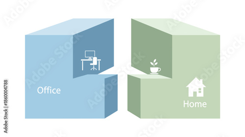 Conceptual illustration depicting the modern work-life balance dilemma, splitting time between professional office environments and personal home spaces.