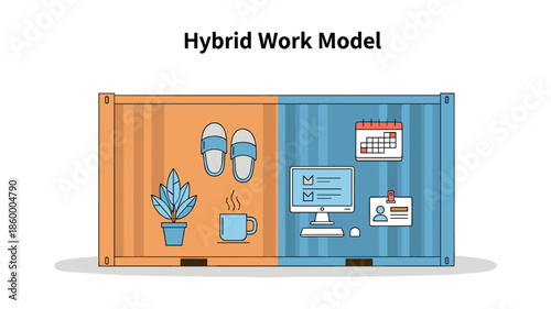 Illustrative concept image depicting the modern hybrid work model, balancing home comfort and professional office productivity.