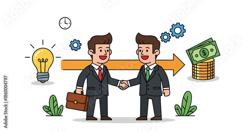 Two cartoon businessmen shaking hands with a lightbulb, gears, and money symbols around them on a white background with a professional and financial mood.