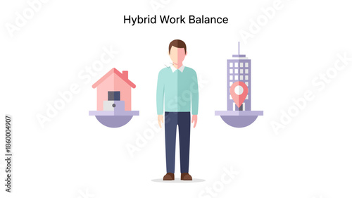 A man stands between a house and an office building on a balanced scale, representing the concept of hybrid work balance.