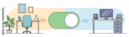 A conceptual illustration depicting the transition between a cozy home office setup and a more traditional, organized workspace.