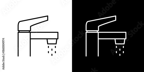 Modern faucet with running water icon, minimalist line art design for plumbing and home improvement