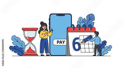 Illustration of two people interacting with a large smartphone and calendar on a white background with blue decorative elements and an hourglass.