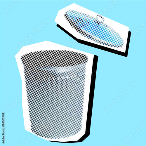 Trash can Halftone Dotted Collage Element Pointillize in Paper Torn vector for eco themes. Ideal for recycling, waste management, and urban street art.