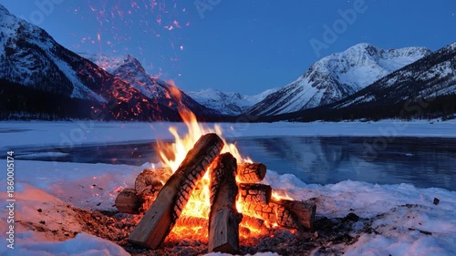 Serene winter landscape with a crackling campfire by the snow-covered lake