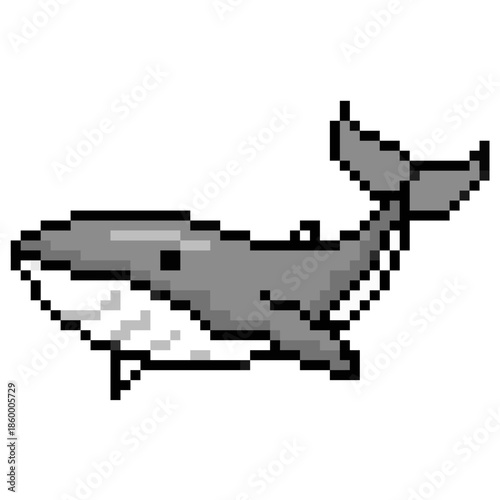 Pixel whale vector for ocean adventure games. Ideal for symbolizing marine life, sea giants, underwater nature, and retro 8-bit mammal icons.