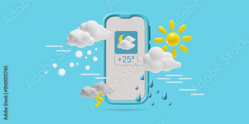 Weather forecast widget with various conditions on smartphone screen 3D design, web or mobile app UI meteorology icons