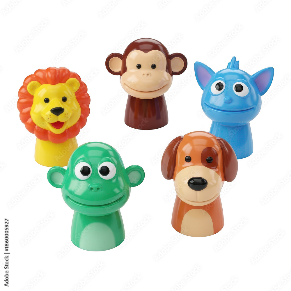 Obraz premium Set of five adorable animal finger puppets for fun play isolated on white background