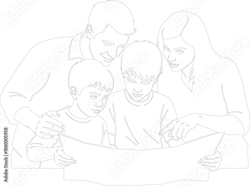 Family reading map together Outline illustration vector of parents and two sons planning a journey navigation travel concept