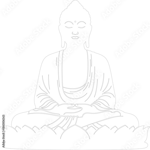 Minimalist Buddha line art vector illustration meditating in lotus pose on a flower base monochrome outline drawing