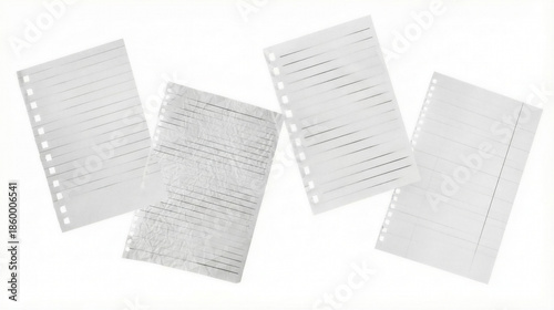 Φωτογραφία a collection of four crumpled and pristine lined papers, some torn at the edges, scattered and isolated against a bright white background, perfect for creative projects or notes