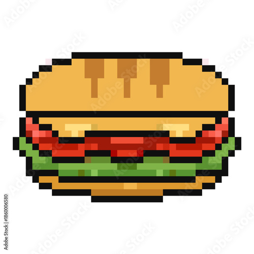 Pixel sandwich vector for retro food games and menus. Ideal for lunch snacks, fast food items, ingredients, and 8-bit digital eating art.