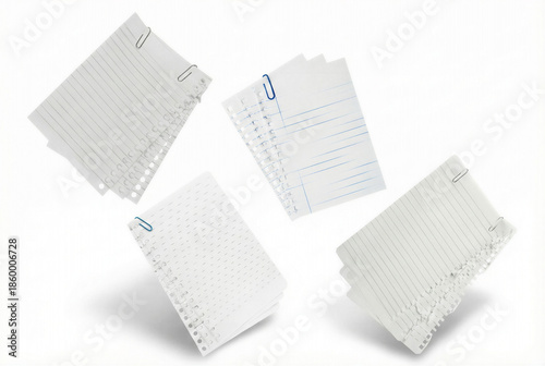 scattered loose-leaf paper pages with paper clips, isolated on a white background, conveying a sense of disorganization or creative flow.