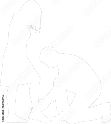 Man kneeling helping woman tie shoe outline vector illustration