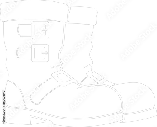 Christmas Winter Boots Outline Drawing Vector Illustration with Buckles