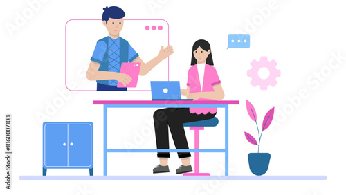 Online Tutor Helping Students with Homework. Flat Vector Illustration