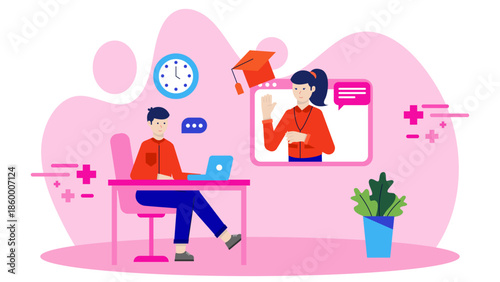 Online Tutor Helping Students with Homework. Flat Vector Illustration