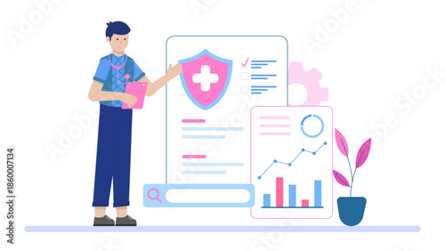Medical Research Team Studying Long-Term Health Data. Flat Vector Illustration