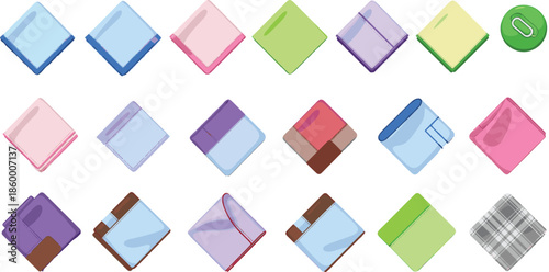 Colorful vector collection of folded handkerchiefs and pocket squares featuring various fabric textures and patterns for men fashion accessories isolated on white