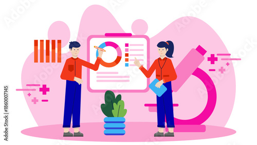 Medical Research Team Studying Long-Term Health Data. Flat Vector Illustration