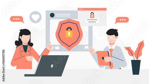 Digital Content Team Protecting Against Piracy. Flat Vector Illustration