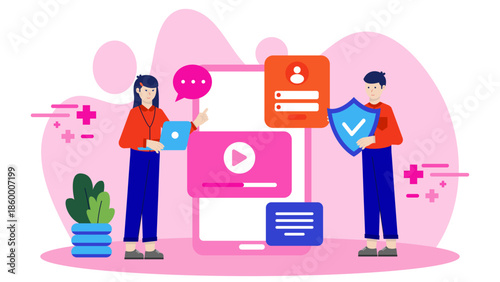 Digital Content Team Protecting Against Piracy. Flat Vector Illustration