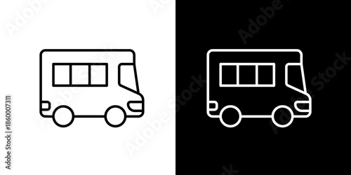 Simple Line Art Icon of a Van and a Truck on Black and White Backgrounds