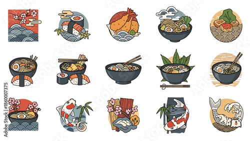 A vibrant collection of Japanese food illustrations, featuring sushi, ramen, and koi fish designs, perfect for culinary and cultural themes
