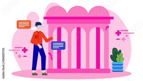 Virtual Reality Reconstruction of Ancient Cities. Flat Vector Illustration