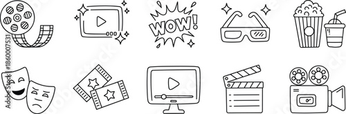 Cinema entertainment line icons set, movie film video streaming popcorn glasses symbols, hand drawn outline vector illustration collection