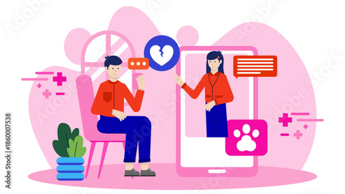 Online Grief Support for Pet Loss. Flat Vector Illustration