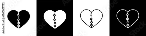 Mended Heart Symbols: Vector Graphic Illustrations of Love and Healing on Black Background